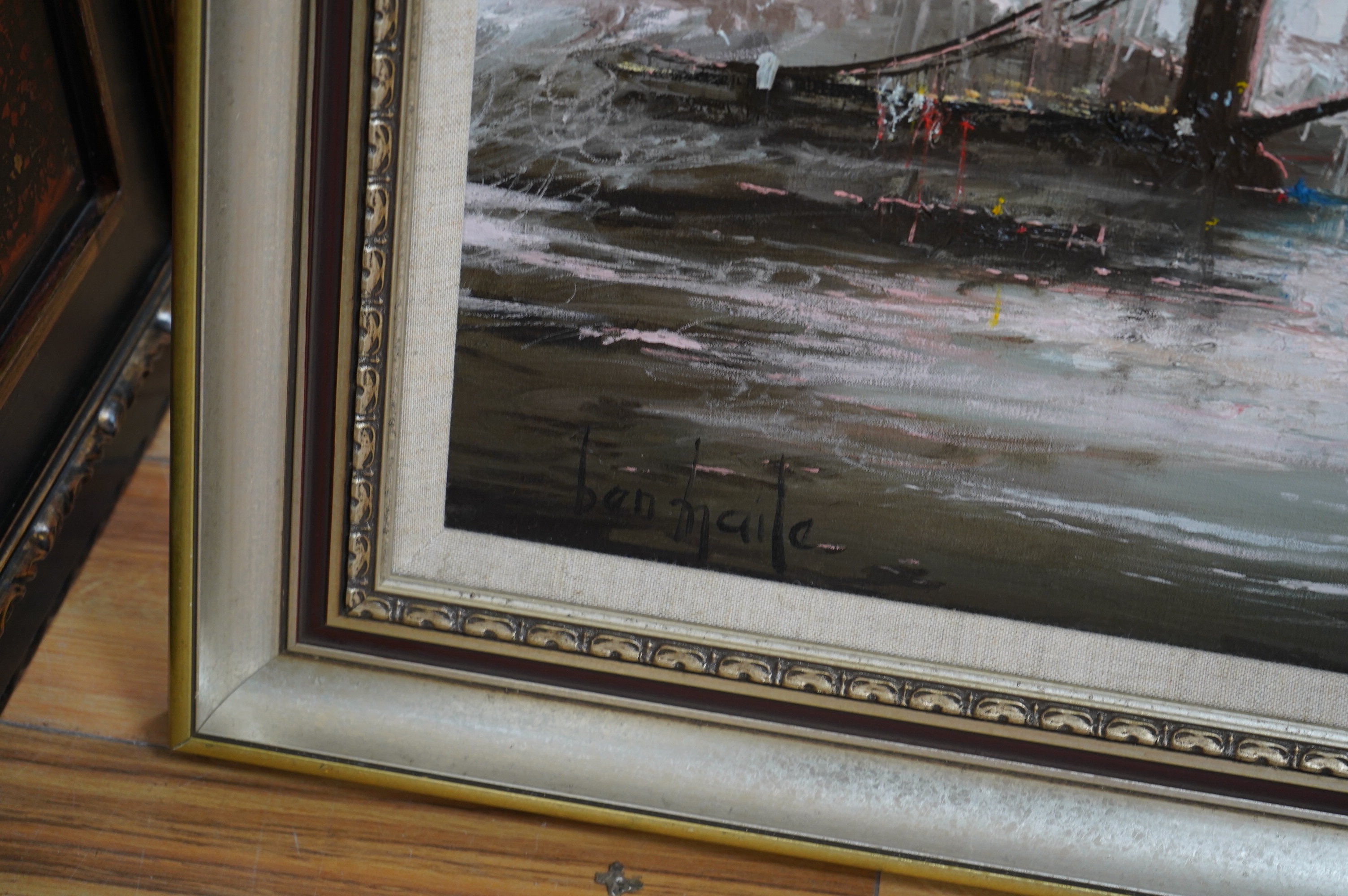 Ben Maile (1922-2017), oil on canvas, Thames riverscape, Port of London, signed, 59 x 74cm. Condition - good